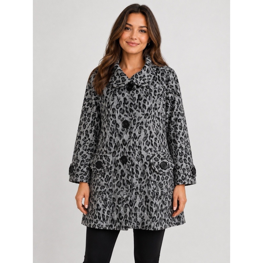 Hazel Leopard Print Coat Womens L Gray Black Button Up 3/4 Puff Sleeves Jacket